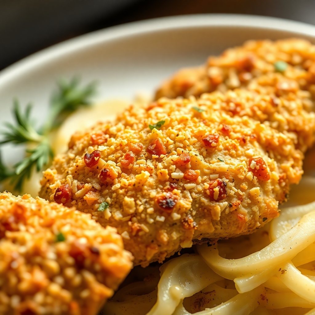 Close-up of a crispy Crunchy Garlic Parmesan Crusted Chicken breast, golden brown with a perfectly crunchy texture, garnished with parsley and served on a white plate.