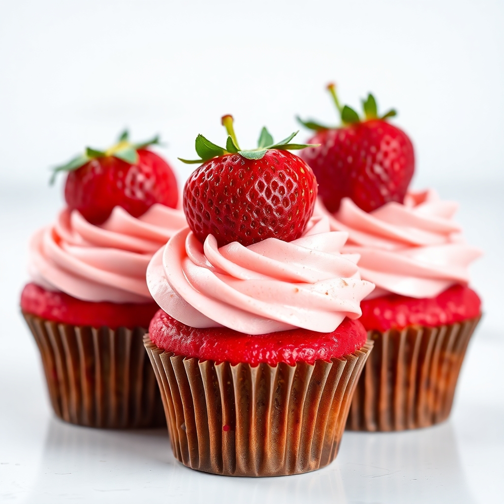 Delicious homemade strawberry cupcakes with fresh strawberry frosting and a garnish of sliced strawberries on top