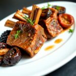 Tender beef roll stuffed with sweet prunes and herbs, served with a rich gravy on a rustic plate