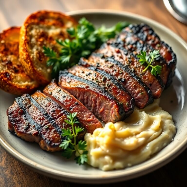 How to Make the Perfect Grilled Steak with Herb Mashed Potatoes and Toasted Bread?